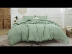 Sage Green Bohemian Microfiber Comforter Set with Pom Fringe